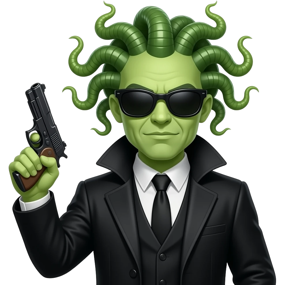Medusa in black coat with no tie with sunglasses holding gun emoji