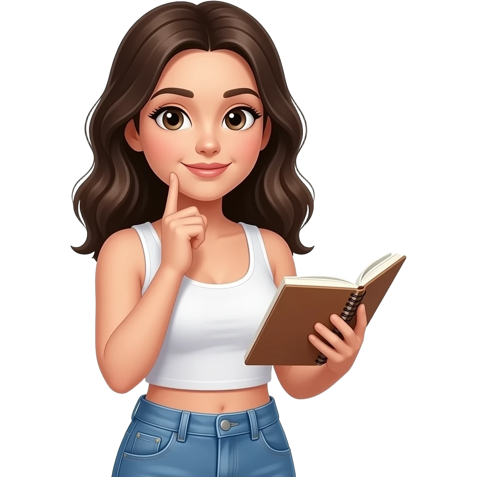 Cute women planning and thinking with a crop top and jeans and beautiful dark blonde hair emoji