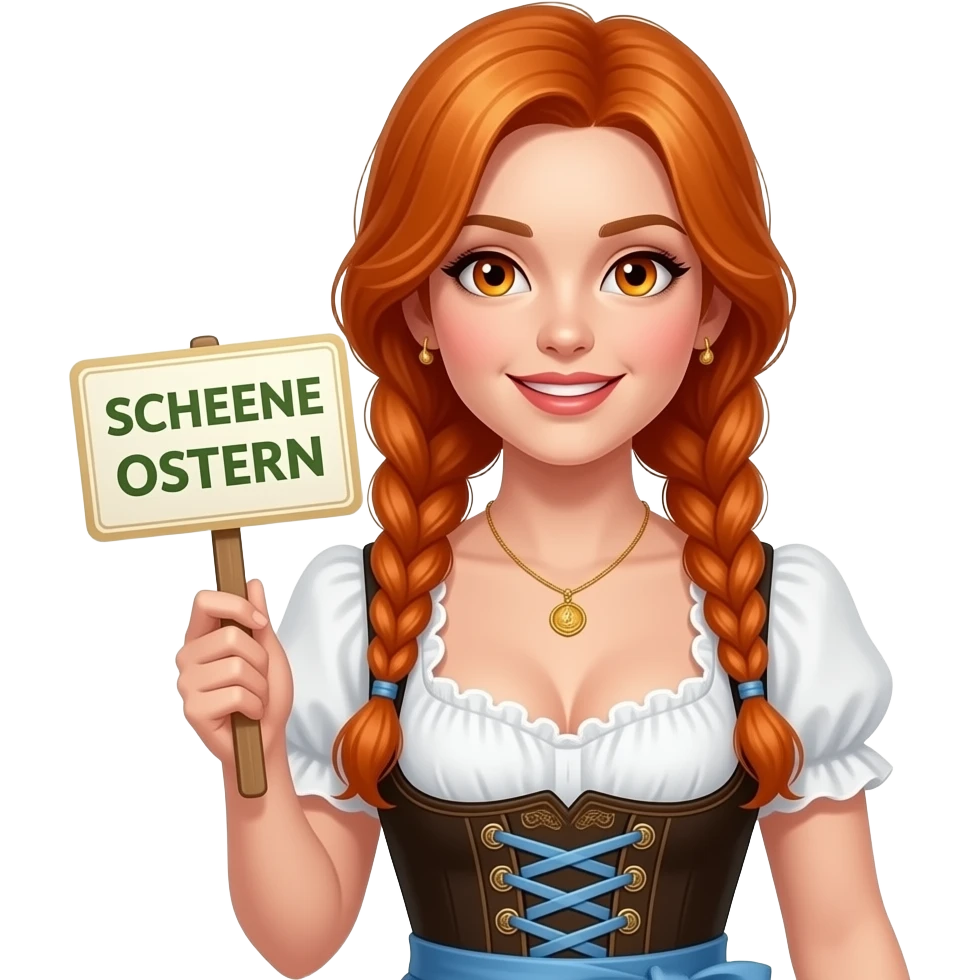 sexy girl with overlong ginger hair in braids and ginger eyes wearing a dirndl holding a SCHEENE OSTERN sign emoji
