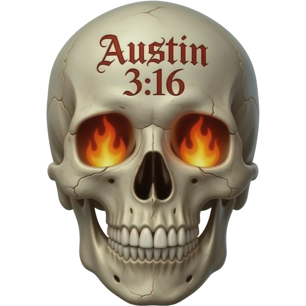 human skull, partially missing top, jaw slightly open, teeth chipped, Austin 3:16 carved in forehead, eye & nose cavity with flames, words a bright red Gothic font, entire skull is aged, sun dried, weathered emoji