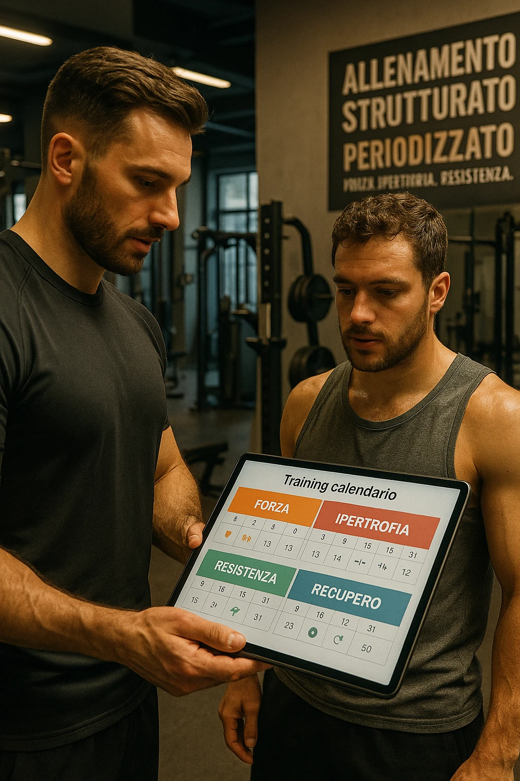 realistic cinematic photo a personal trainer and a client stand in a modern gym, reviewing a large, color-coded training calendar or chart on a tablet. The calendar shows different phases (Forza, Ipertrofia, Resistenza, Recupero) with icons and dates. Around them, gym equipment and motivational posters reinforce the idea of structured, periodized training. in italiano emoji