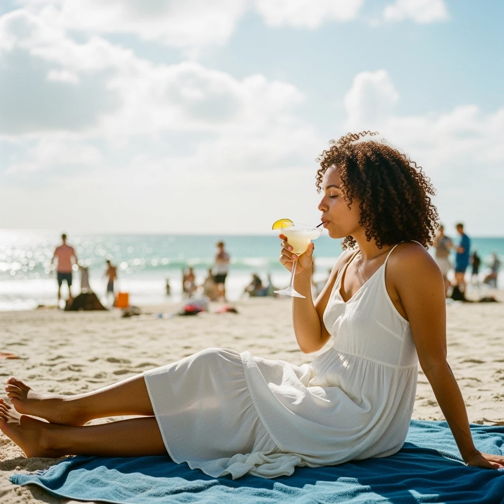 take this picture of a woman and make it  beach photo with drink emoji