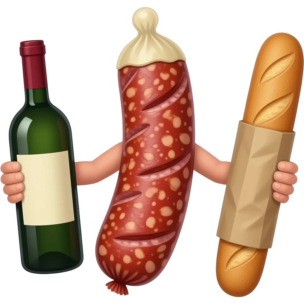 Full Sausage with a condom up to tip. The sausage has arms with a bottle of wine in one hand and a baguette in the other. The condom should look like a real condom emoji