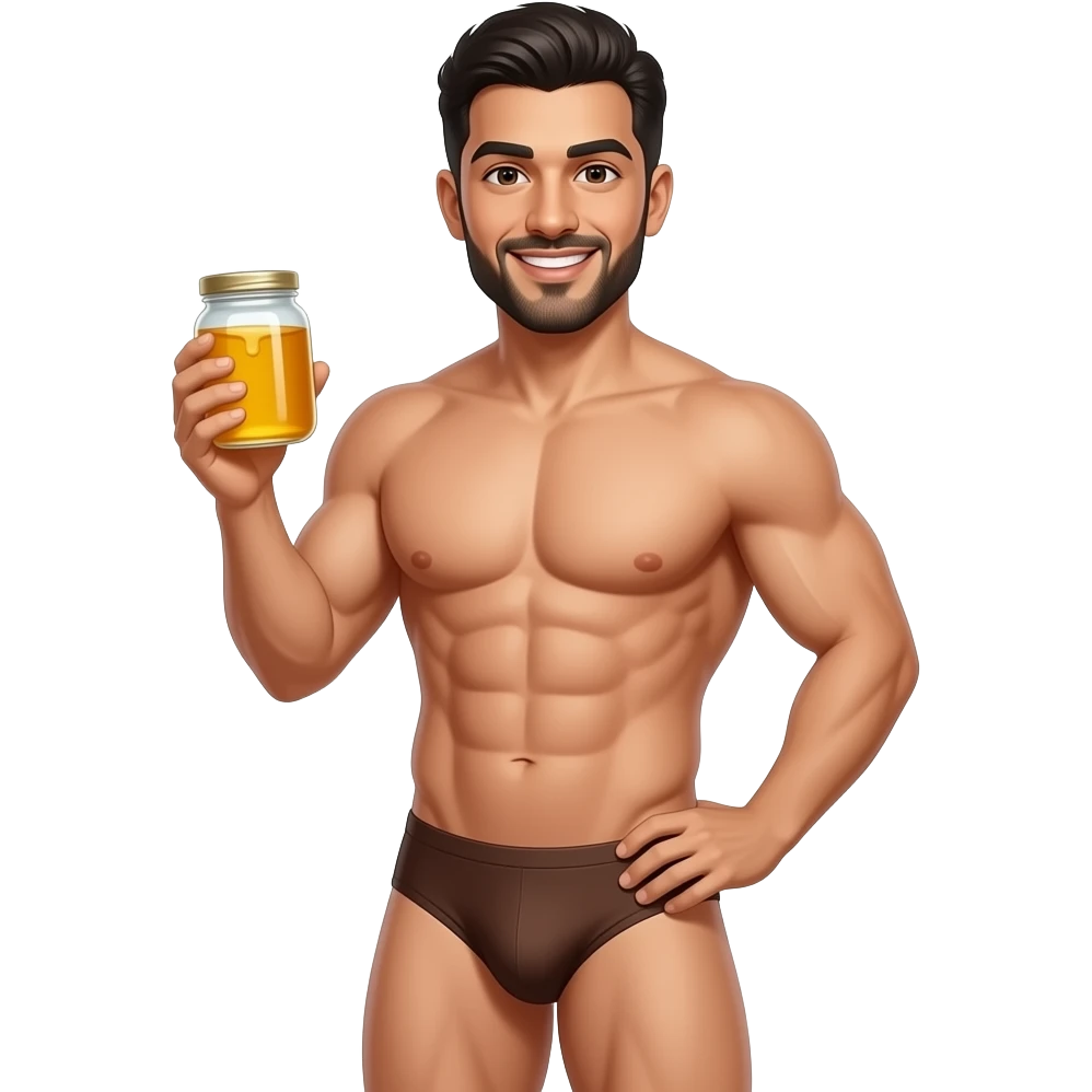 Arab muscle man in brown gstring holding a jar of honey emoji