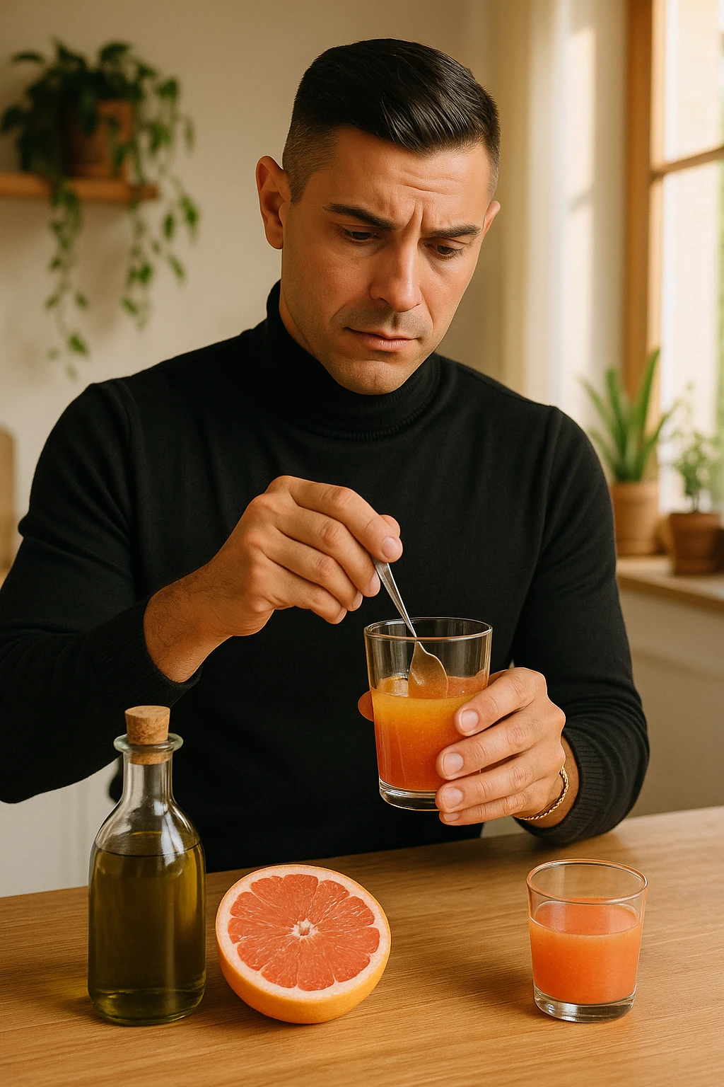 A realistic, warm-toned photo-style image of a man in his kitchen preparing a liver and gallbladder flush. On the counter, there is a small glass bottle of high-quality extra virgin olive oil with a rich green hue, and a freshly cut pink grapefruit with a small glass of its juice next to it. The man, in his mid-30s, looks focused and slightly apprehensive as he mixes the olive oil and grapefruit juice in a clear glass, preparing to drink it as part of a natural gallbladder cleanse. The background is clean, bright, and minimalist with wooden countertops, green plants, and sunlight coming through the window, giving a sense of natural health practices. The mood conveys a realistic moment of alternative health care, illustrating the preparation and intention for a natural flush to address gallstones, while maintaining a calm, educational, and hopeful tone in italiano emoji