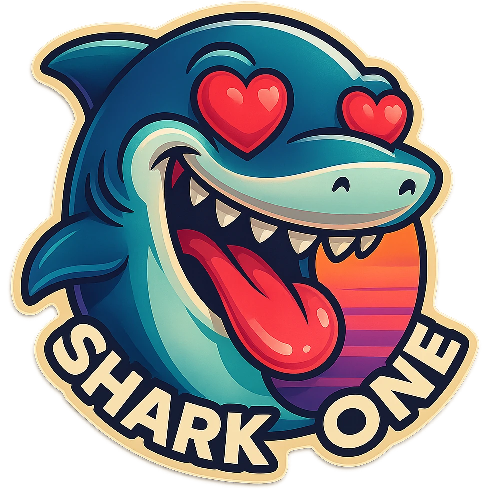 mouth open with tongue out heart shaped eye add the words “ Shark One " in White emoji