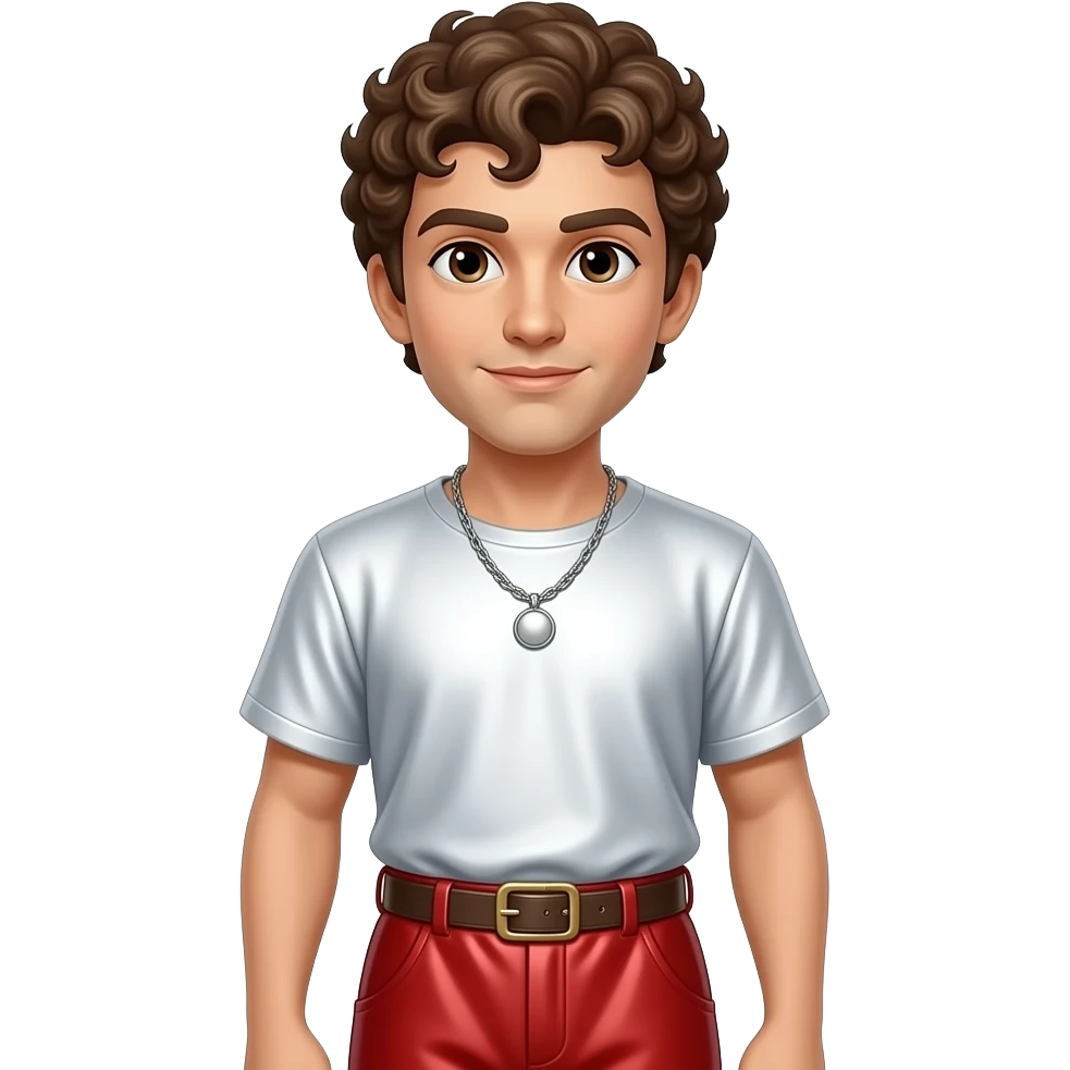 Mark Antony with brown eyes, brown curly hair, white metallic shirt, red metallic baggy pants, silver necklace emoji