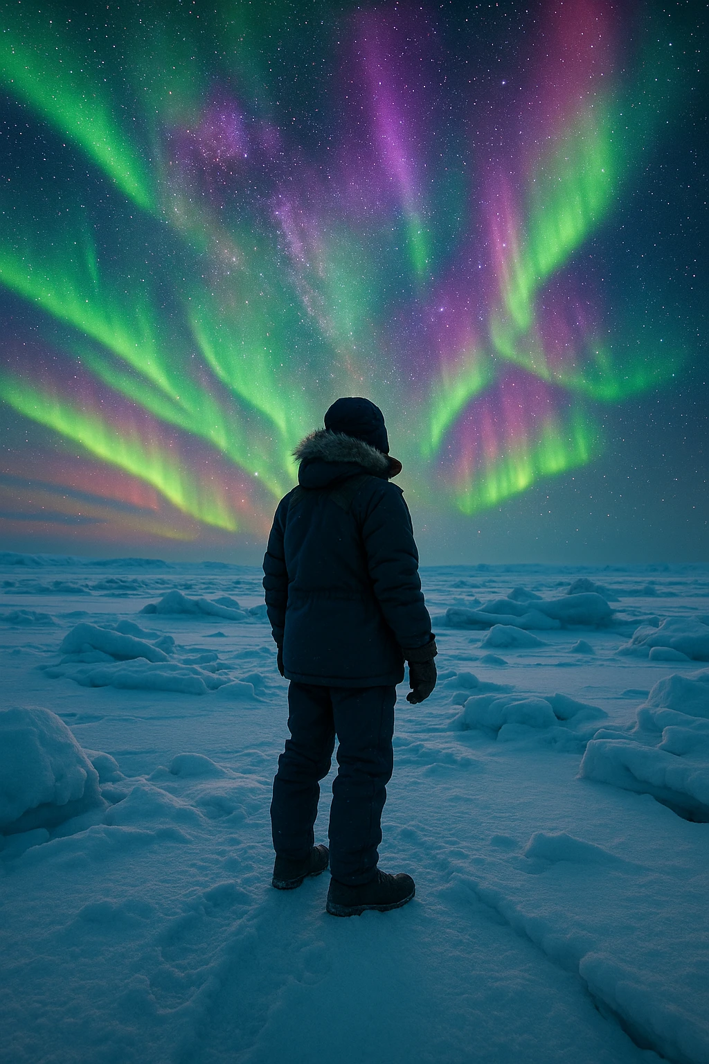 A person bundled up in winter clothes, standing on snowy Arctic ice with northern lights in the sky, vibrant colors, sense of adventure emoji