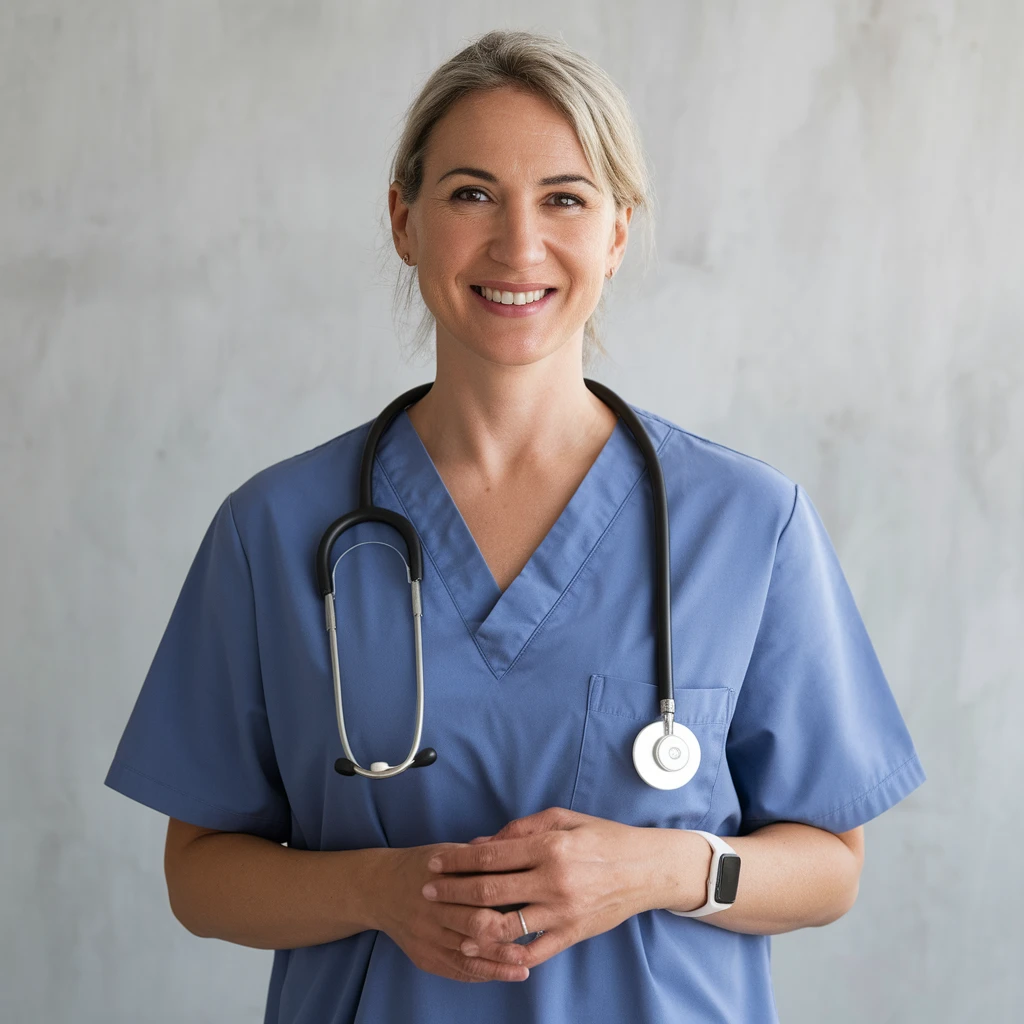 A middle aged female nurse wearing scrubs emoji