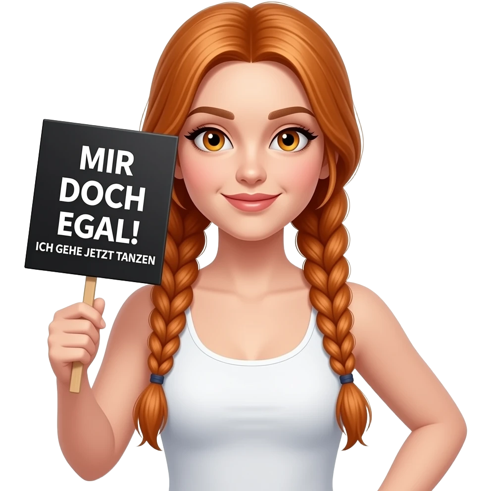 sexy girl with long ginger braids and ginger eyes wearing a white tanktop is holding a black sign with MIR DOCH EGAL! ICH GEHE JETZT TANZEN written on it emoji