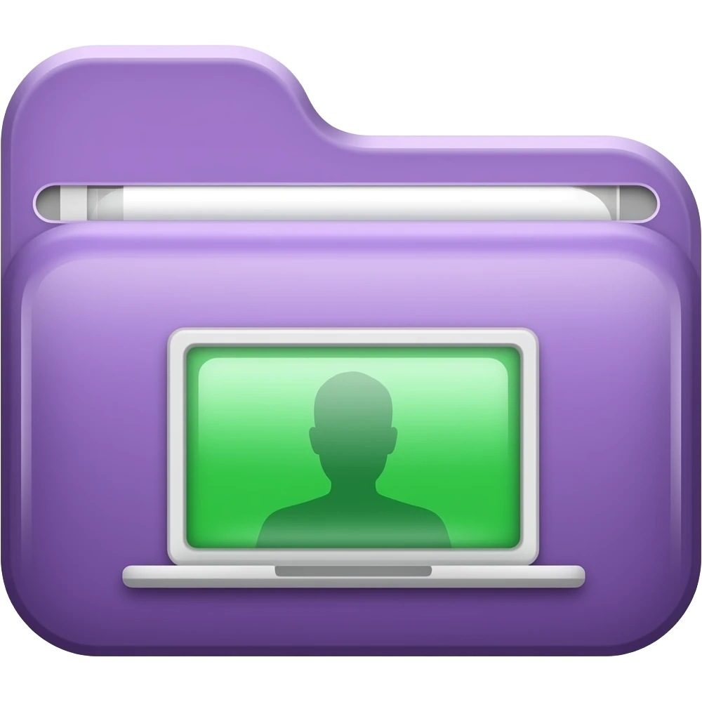 Green Screen: Purple folder with a green screen/silhouette icon. emoji