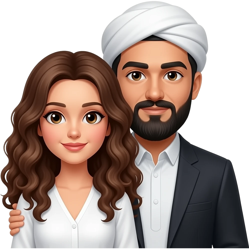 Black bald bearded but with no mustache, Muslim man, bald, no hat, holding a white, long curly brown haired white female  No mustache on man With a bald head with nothing on his head With no hat on his head only skin showing on his bald head Square standard square Muslim hat White female emoji