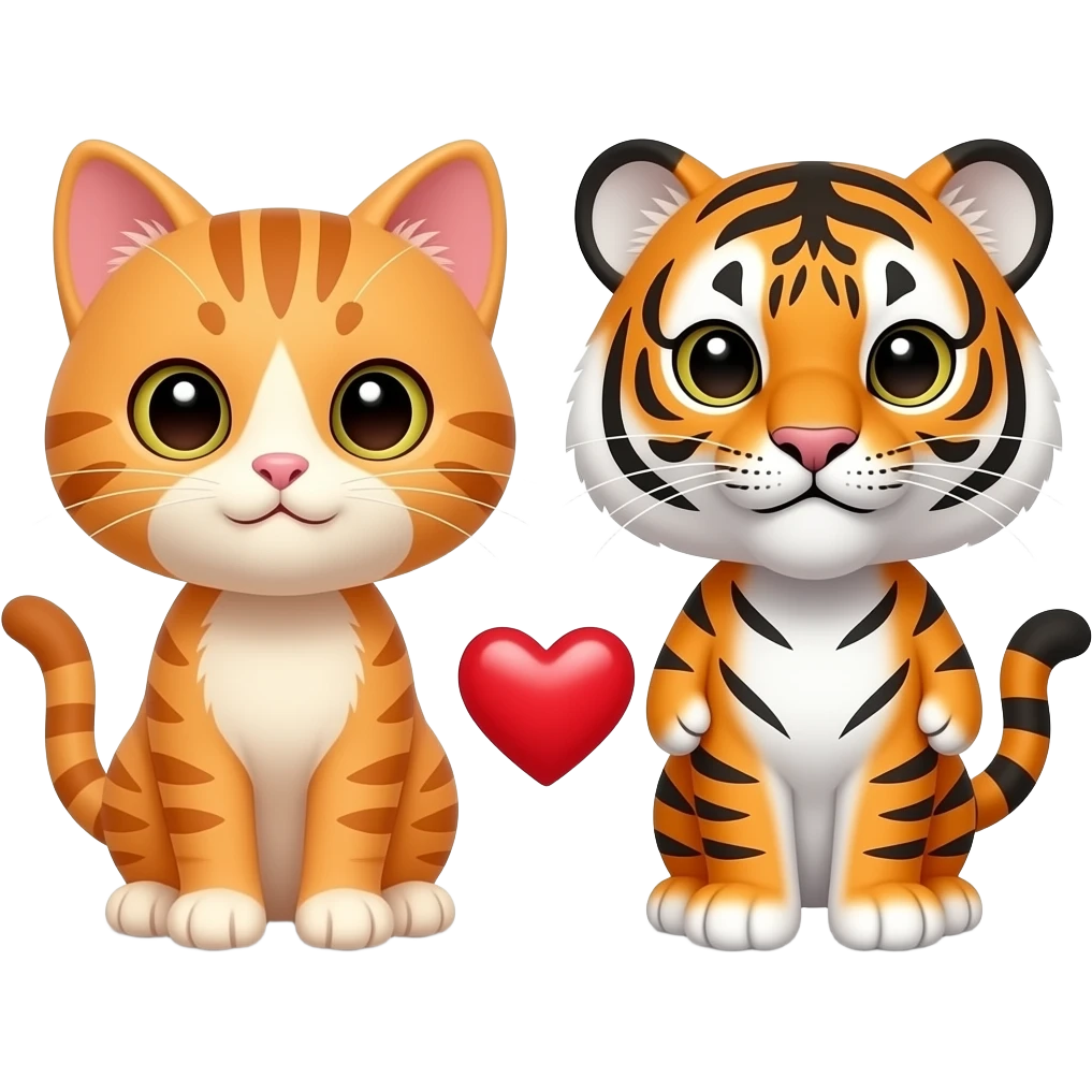Un gato naranja pequeño y un tigrecito con un corazón en medio de los dos emoji