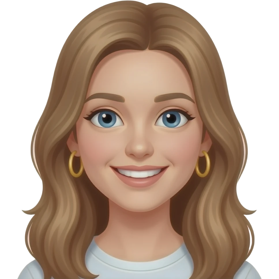 Change earrings in image to gold hoop, https://www.emojis.com/emoji/girl-like-https-www-emojis-com-emoji-emoji-vd96a8gmudc-but-with-light-brown-ha-nuWX2TKEkUR, long brown hair, smile with teeth emoji