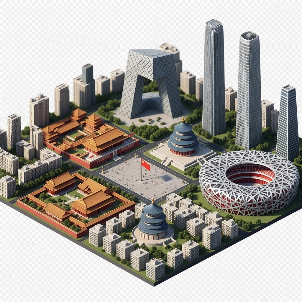 Isometric miniature of Beijing Forbidden City, Tiananmen Square, CCTV Headquarters, Temple of Heaven, China Zun skyscraper, Bird’s Nest Stadium, Beijing apartment blocks, 3D miniature effect and Tilt Shift effect, no cartoonish look, transparent background, don't cut angles emoji