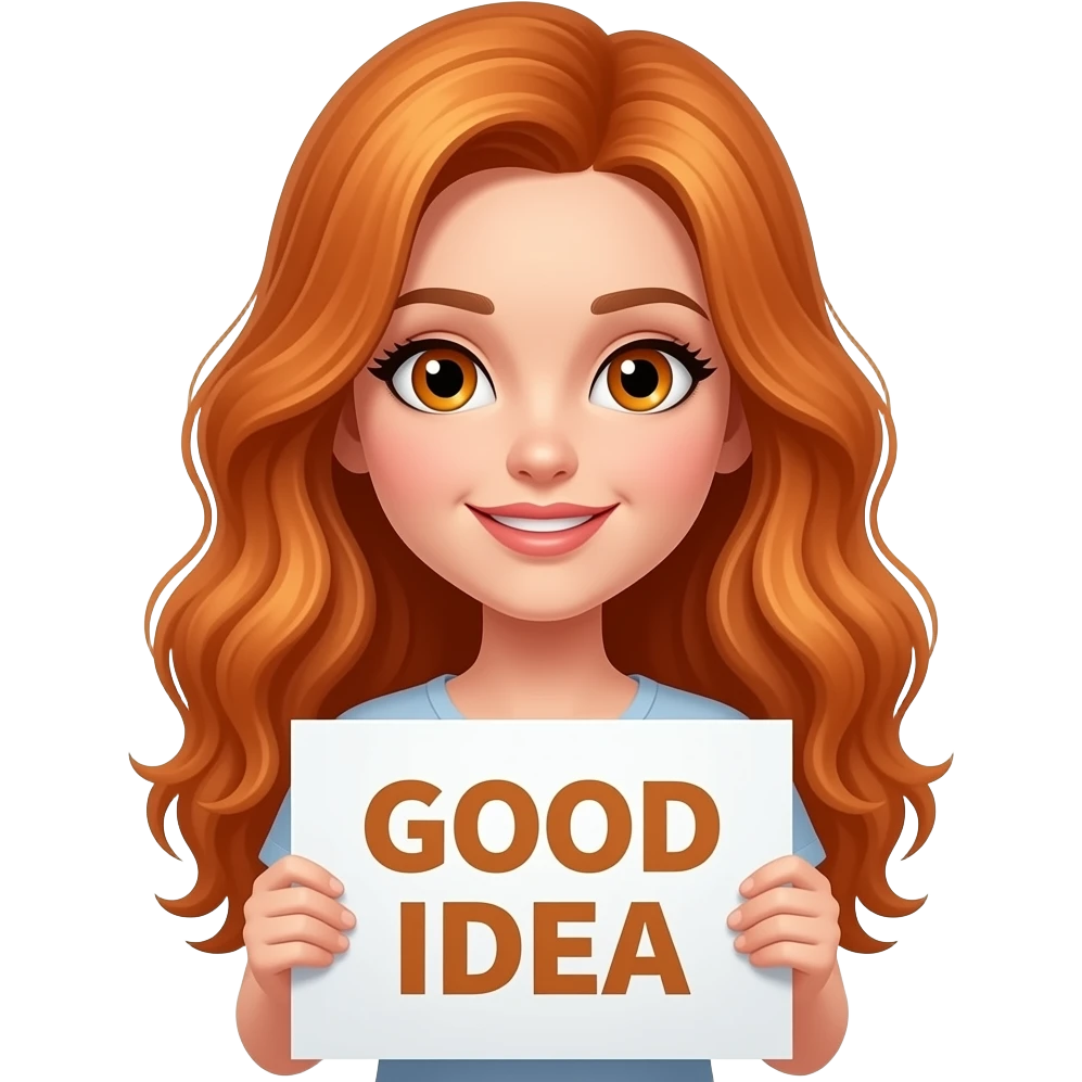 sexy girl with long wavy ginger hair and ginger eyes is holding a sign with GOOD IDEA written on it emoji