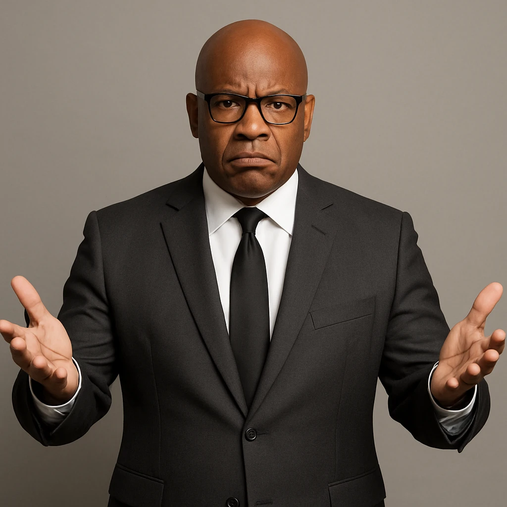 Сгенерируй мне афроамериканца в пиджаке, лысого, в очках, он выглядит солидно. Строго в анфас. Его лицо чуточку недовольно, а руками он размахивает и разводит в сторону. На однородном фоне. emoji