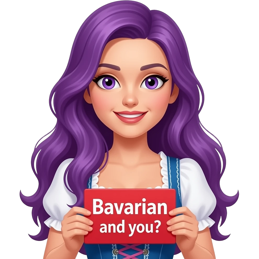 sexy girl with long purple hair and purple eyes wearing a dirndl holding a I red BOARISCH und DU? sign emoji