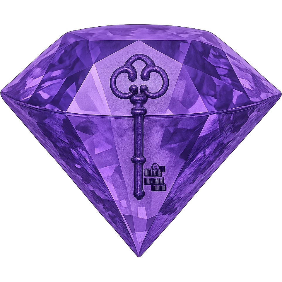 real diamond, color #9665db, with complex 🗝️ key  symbol on the diamond. emoji