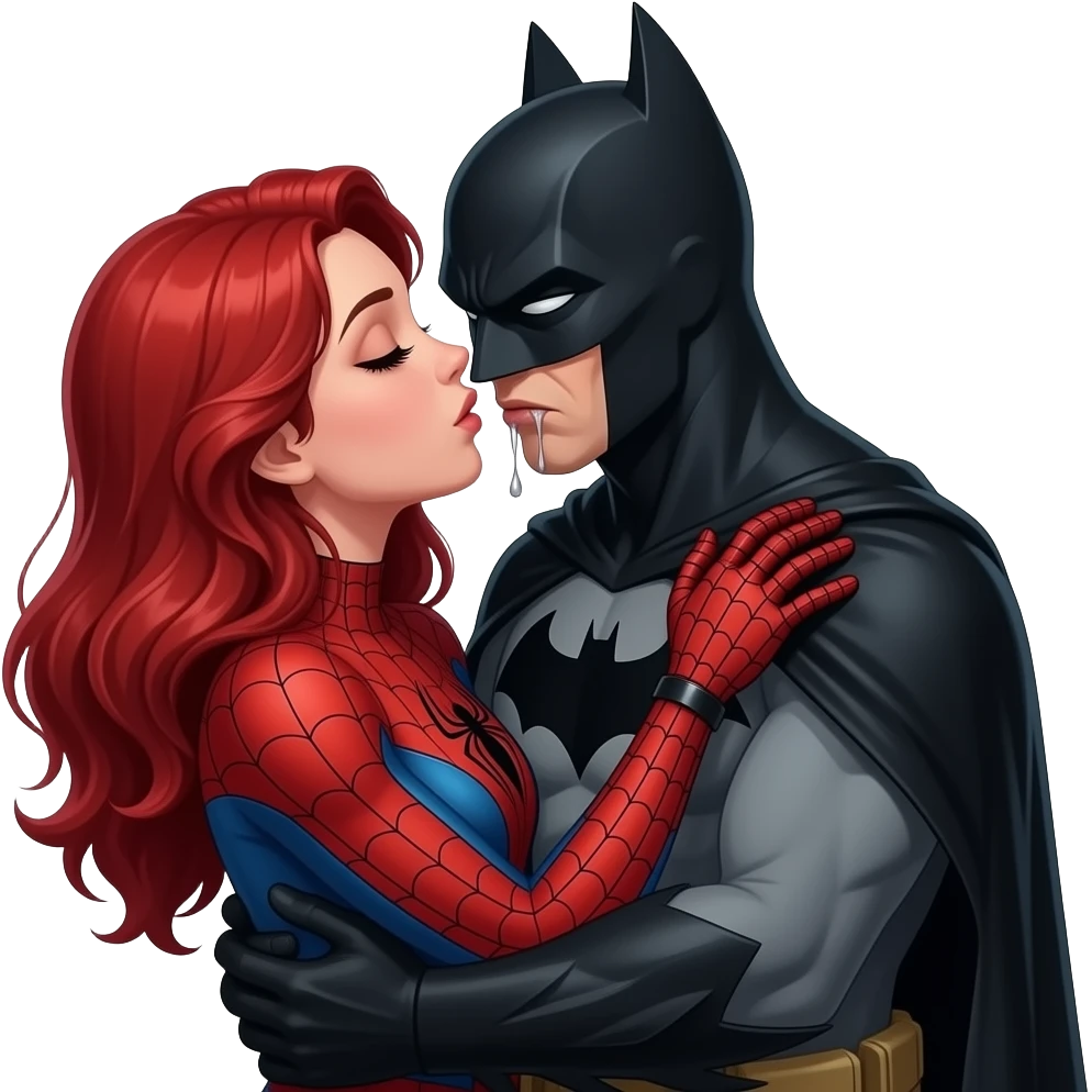 Spider man kissing read hair girl  creepy, batman drulling and hugging both emoji
