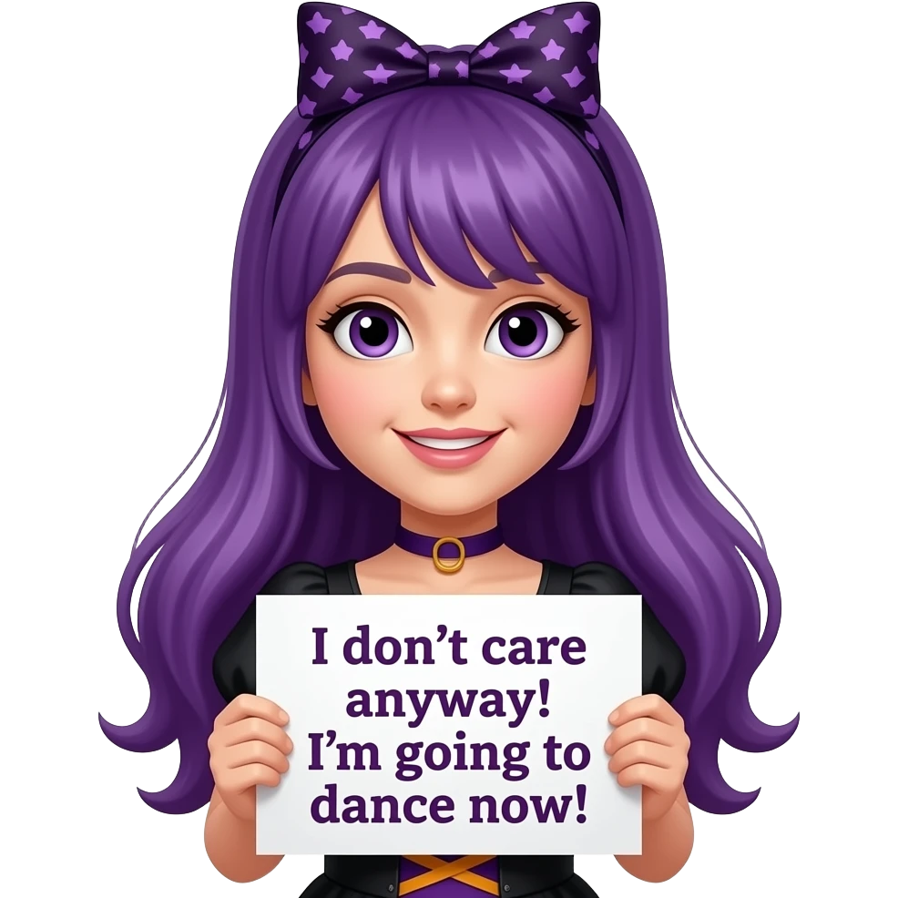 girl with long purple hair wearing a halloween costume holding a MIR DOCH EGAL! Ich gehe JETZT TANZEN! sign emoji