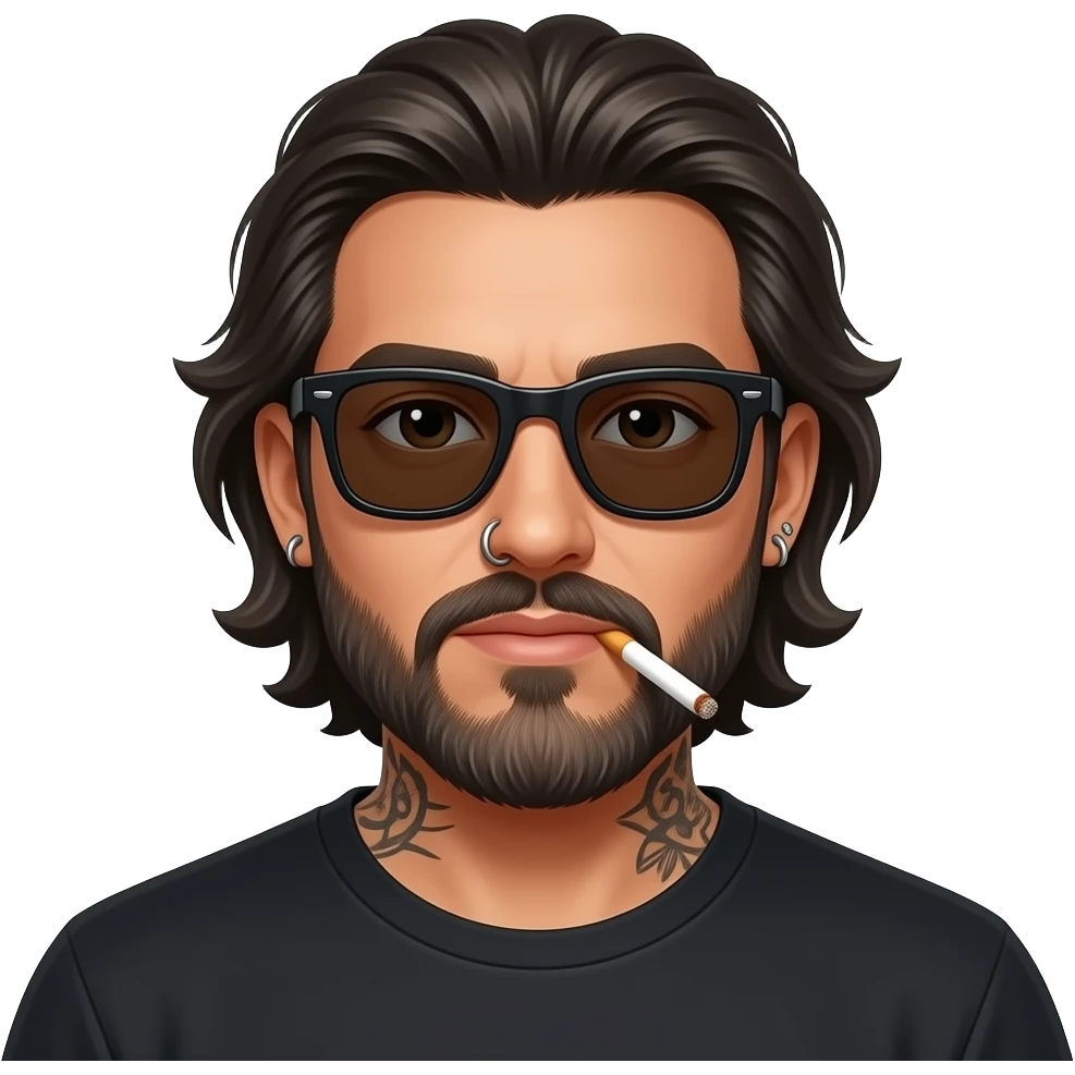 The handsome manly Latino podcast host with medium length hair, a long  slightly graying beard and tattoos with his ears pierced and a nose ring on the right side, dark brown eyes, dark sunglasses, smoking cigarettes emoji