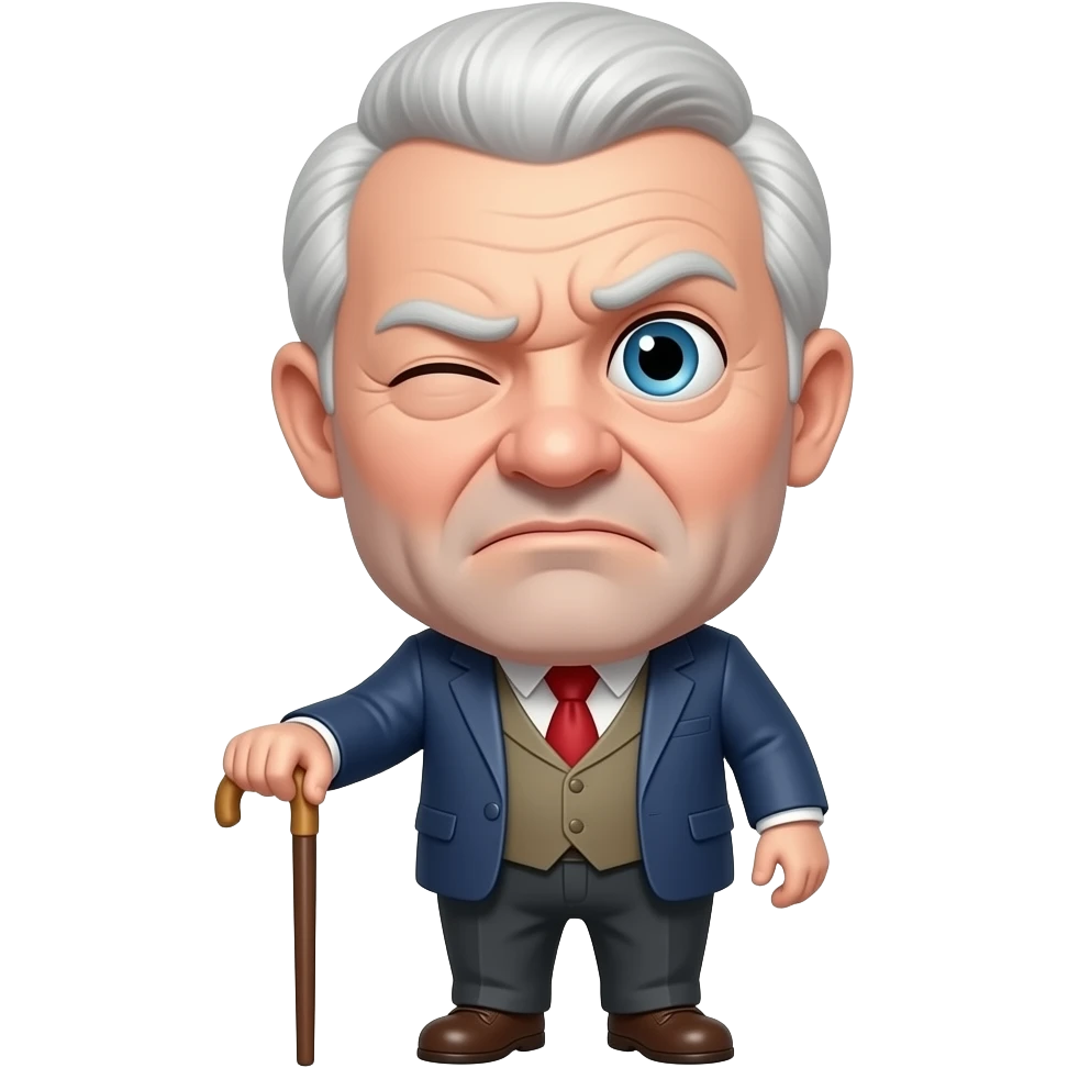 Start with top smaller more of a suspicious look on his face head bigger feethat and cane frowning and blinking his eye emoji