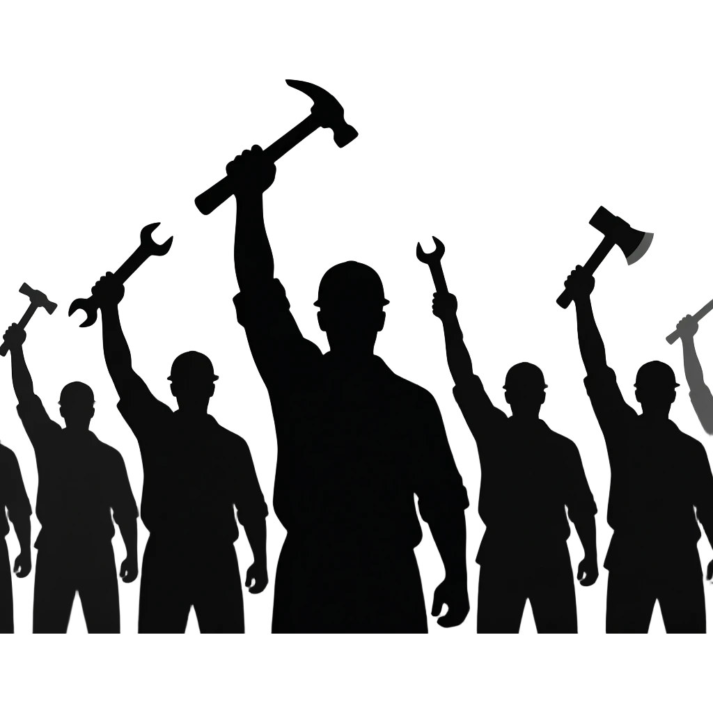 Powerful graphic illustration of a general strike, massive crowd of industrial workers with raised tools, high contrast silhouettes, bold artistic style, dramatic shadows, focus on collective strength. emoji