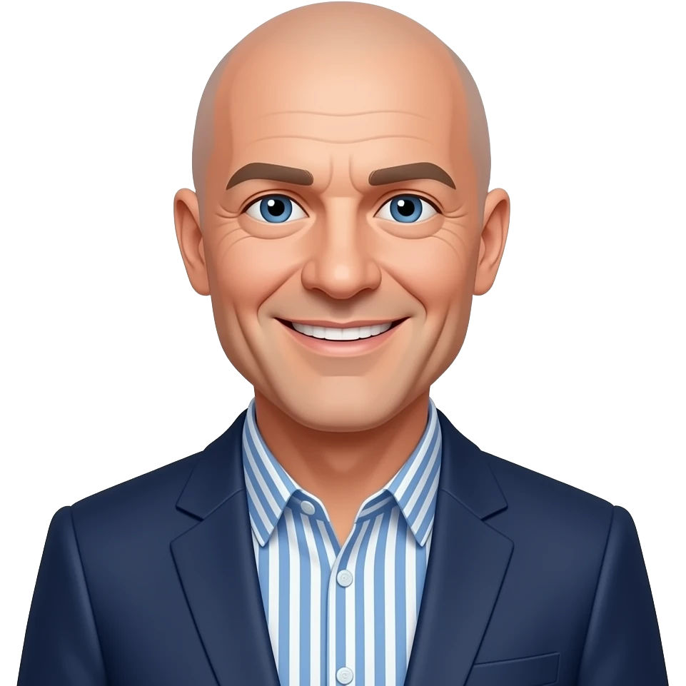 DJR - man, friendly smile, mid 70's, half bald, blue eyes, slim face, blue and white vertical striped button up shirt, dark blue blazer emoji