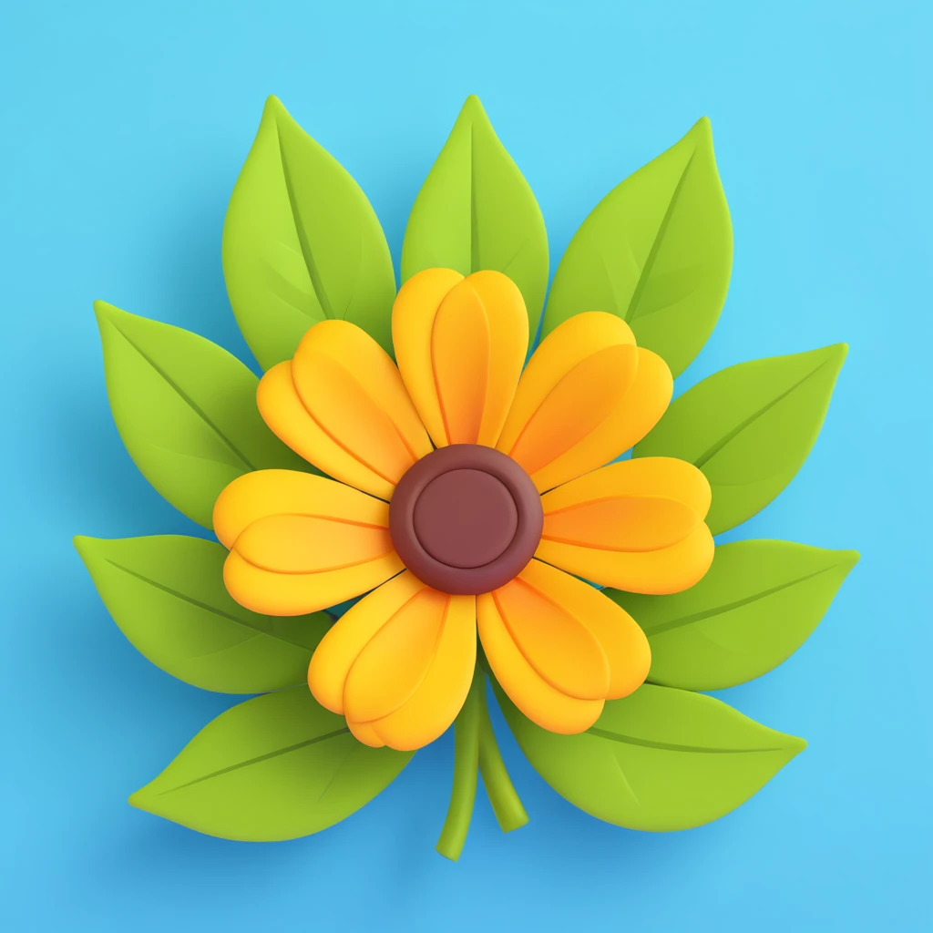 vibrant yellow flower with brown center, 3D iOS emoji style, surrounded by green leaves emoji