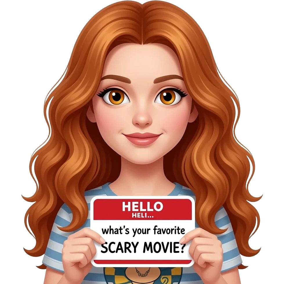sexy girl with long wavy ginger hair and ginger eyes wearing a top is holding a HELLO... what's your favorite SCARY MOVIE? sign emoji