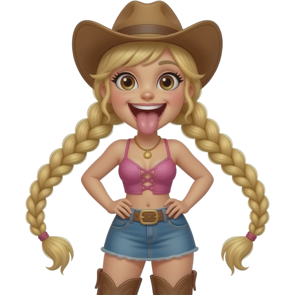 Brown eyed sexy cowgirl with large open mouth, tongue sticking out, blonde hair in tight braided pigtails in a pink strappy top, short denim skirt and over the knee boots emoji