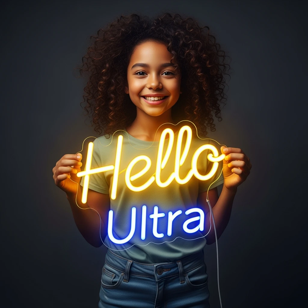 make a girl holding this sign, but sign in made of neon, also add ultra below the sign emoji
