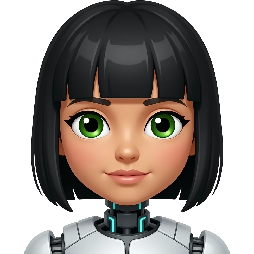 very pretty robot girl with green eyes and black hair, redish cheecks and high heekbones with bangs with a longer face and olive skin  face should be slightly turned and titled downwards emoji