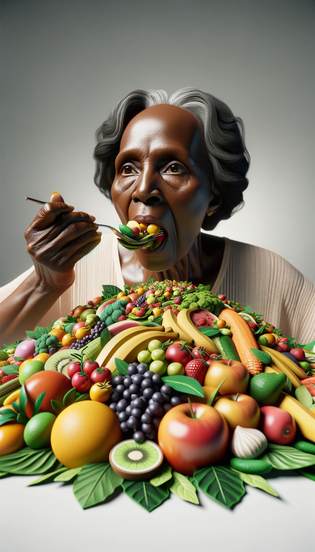 donna che mangia una montagna di frutta e verdura, SFONDO CHIARO NEUTRO, colori realistici, iperrealistico 4k emoji