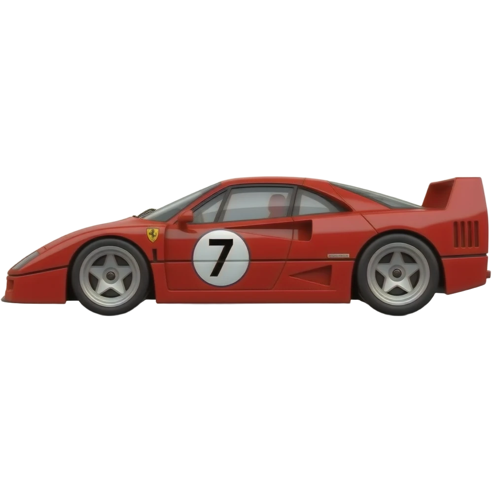 ferrari f40, perfect proportions, mote shell, race livery, number 7, race car side view, exact replica emoji