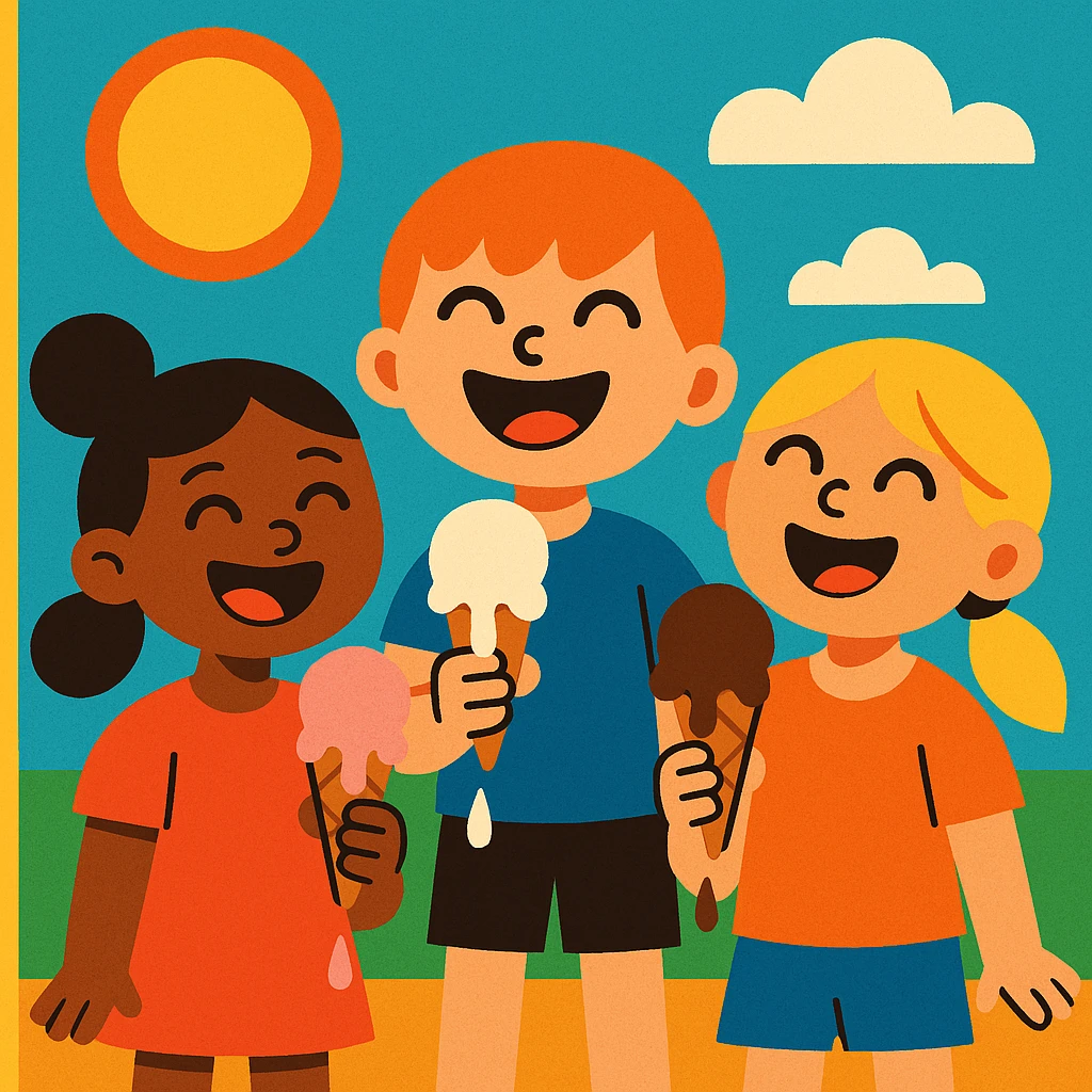 happy children with melting ice cream cones emoji