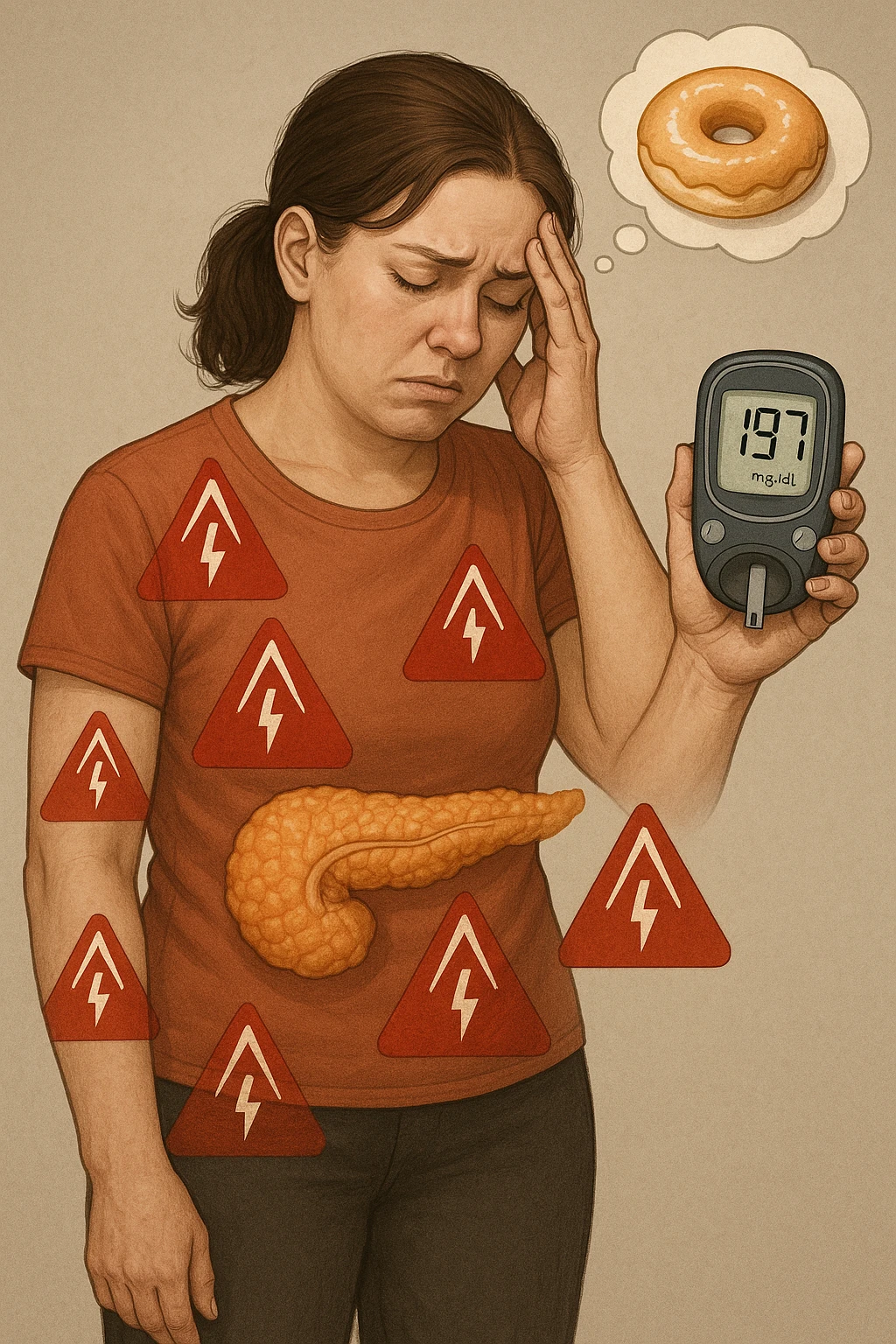 "Woman struggling with worsening insulin sensitivity, blood sugar spikes visualized as red warning signals throughout her body, expression of energy crashes and sugar cravings, pancreas working overtime shown in transparent overlay, pre-diabetic progression despite dietary efforts, metabolic syndrome symptoms accumulating, glucose meter showing increasingly concerning readings" scritte in italiano emoji