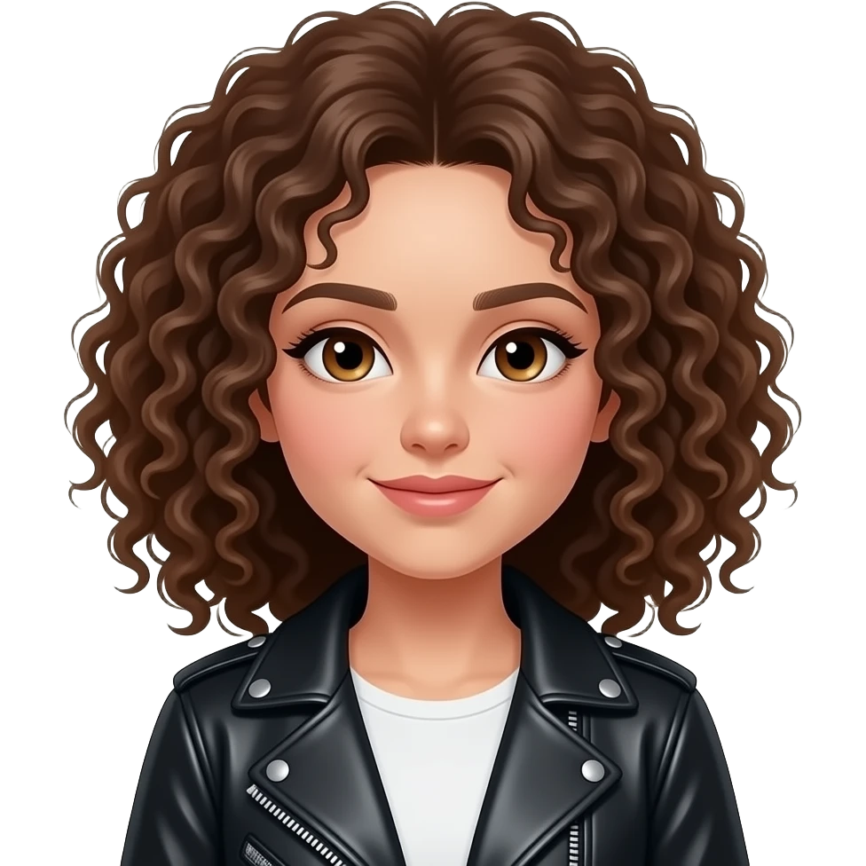 a girl with curly brown hairs wear a leather jacket emoji