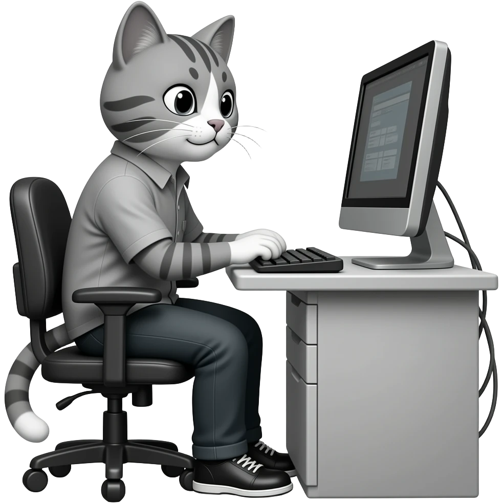 Кот программист за монитором и бьет по клавиатуре черно-белое emoji