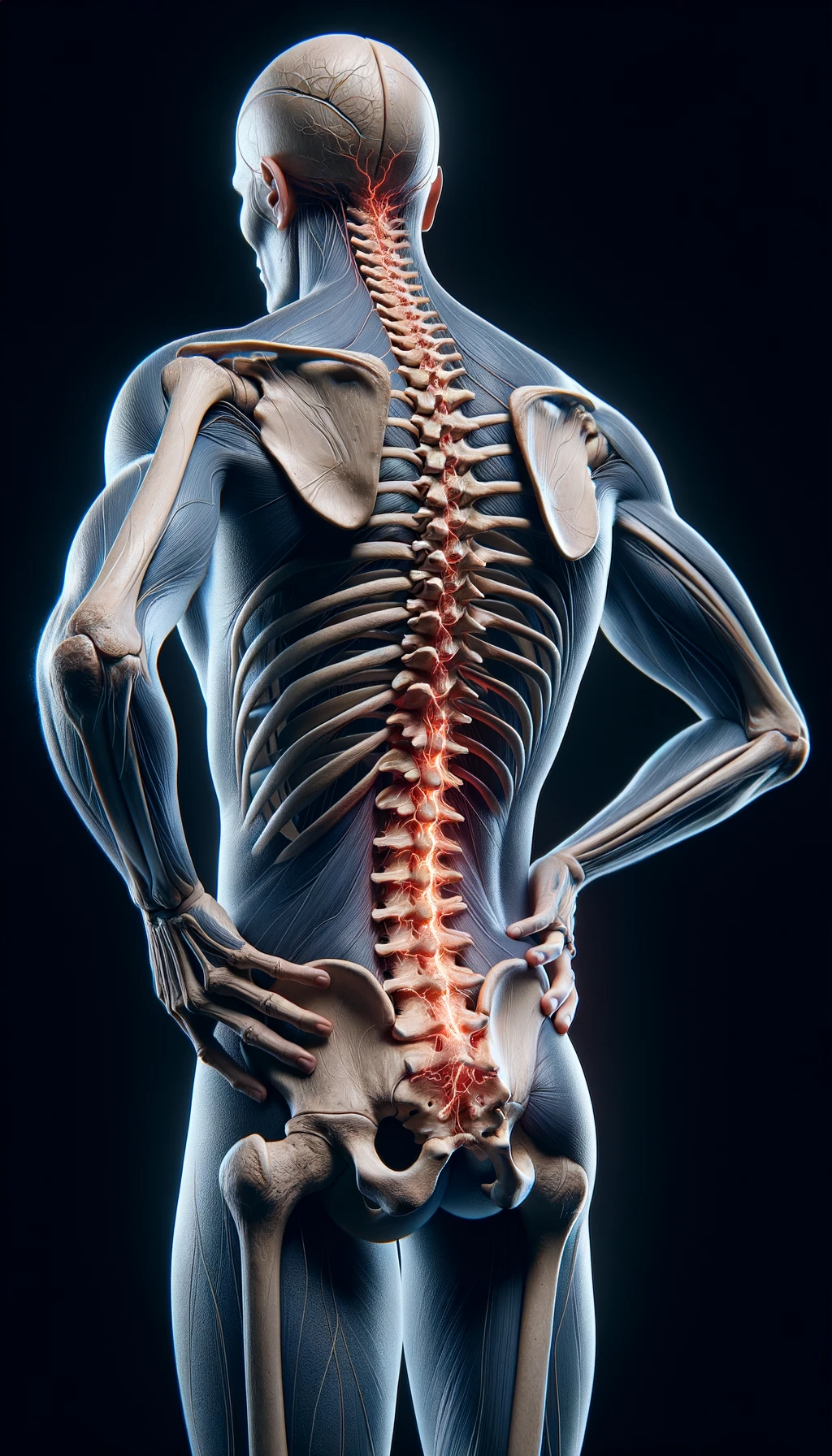 corpo umano anatomico di spalle e fisico storto, spina dorsale in evidenza, dolore alla schiena su un lato, iperrealistico 4k emoji