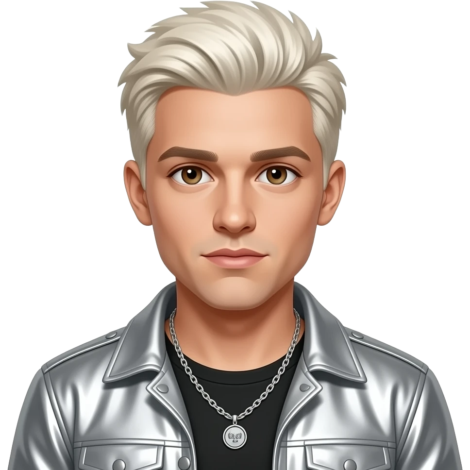 Aaron Carter with brown eyes, white blonde hair, silver metallic pop-rap outfit, necklace emoji