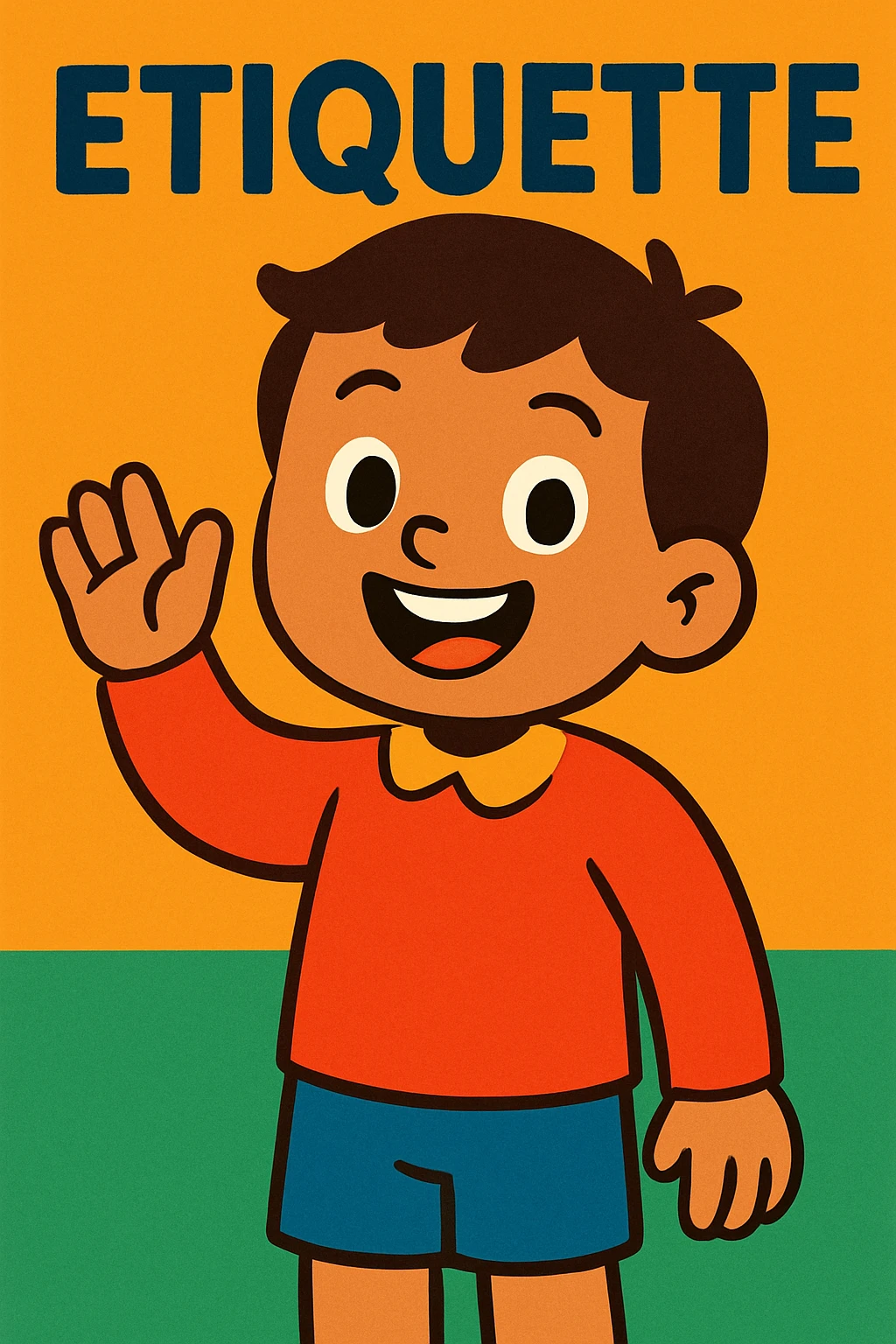 a child greeting with a wave, etiquette theme, vibrant toon style emoji