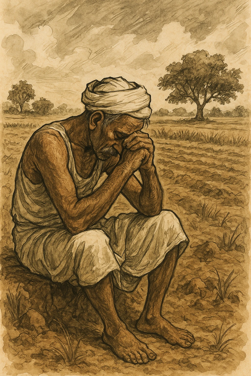 A sorrowful Indian farmer in dhoti, seated on farmland, head bowed, traditional rural India, expressive illustration. emoji