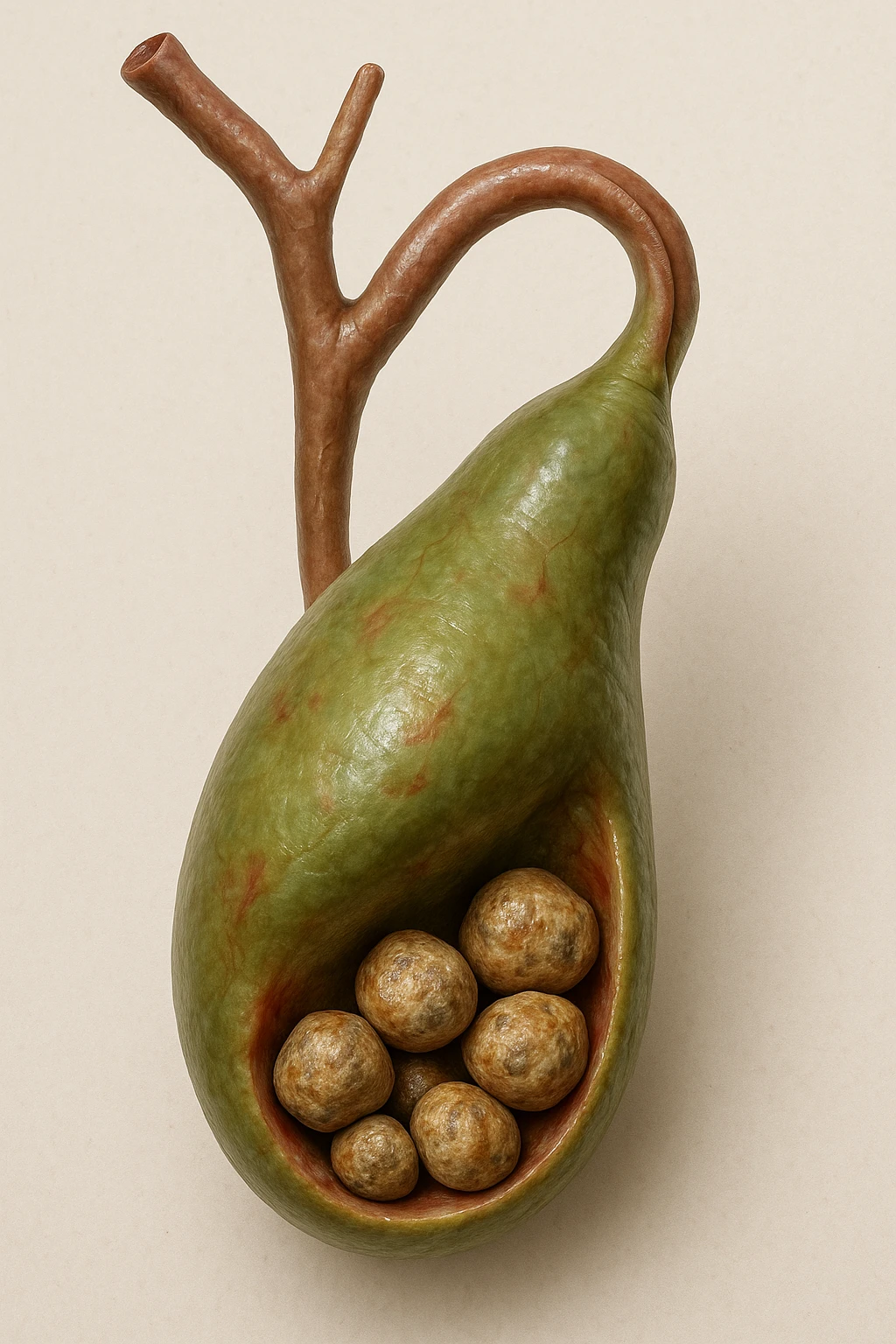 calcoli alla cistifellea anatomica, sfondo neutro chiaro, iperrealistico 4k emoji