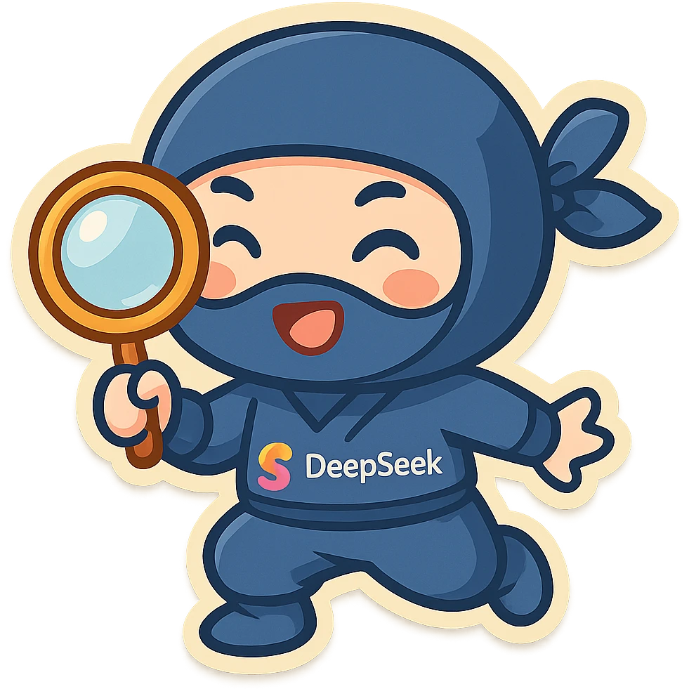 A playful, chibi-style ninja holding a magnifying glass, with the DeepSeek logo subtly integrated, colorful and cute. emoji