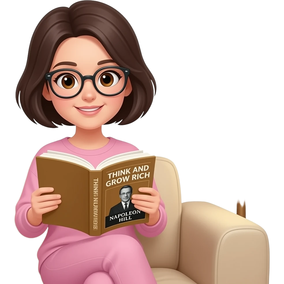 chica de cabello oscuro y corto, con ojos color cafe y gafas de lectura, con ropa comoda color rosa, sentada en un sofa, al lado de una lampara, leyendo un libro de Napoleón Hill piense y hagase rico emoji