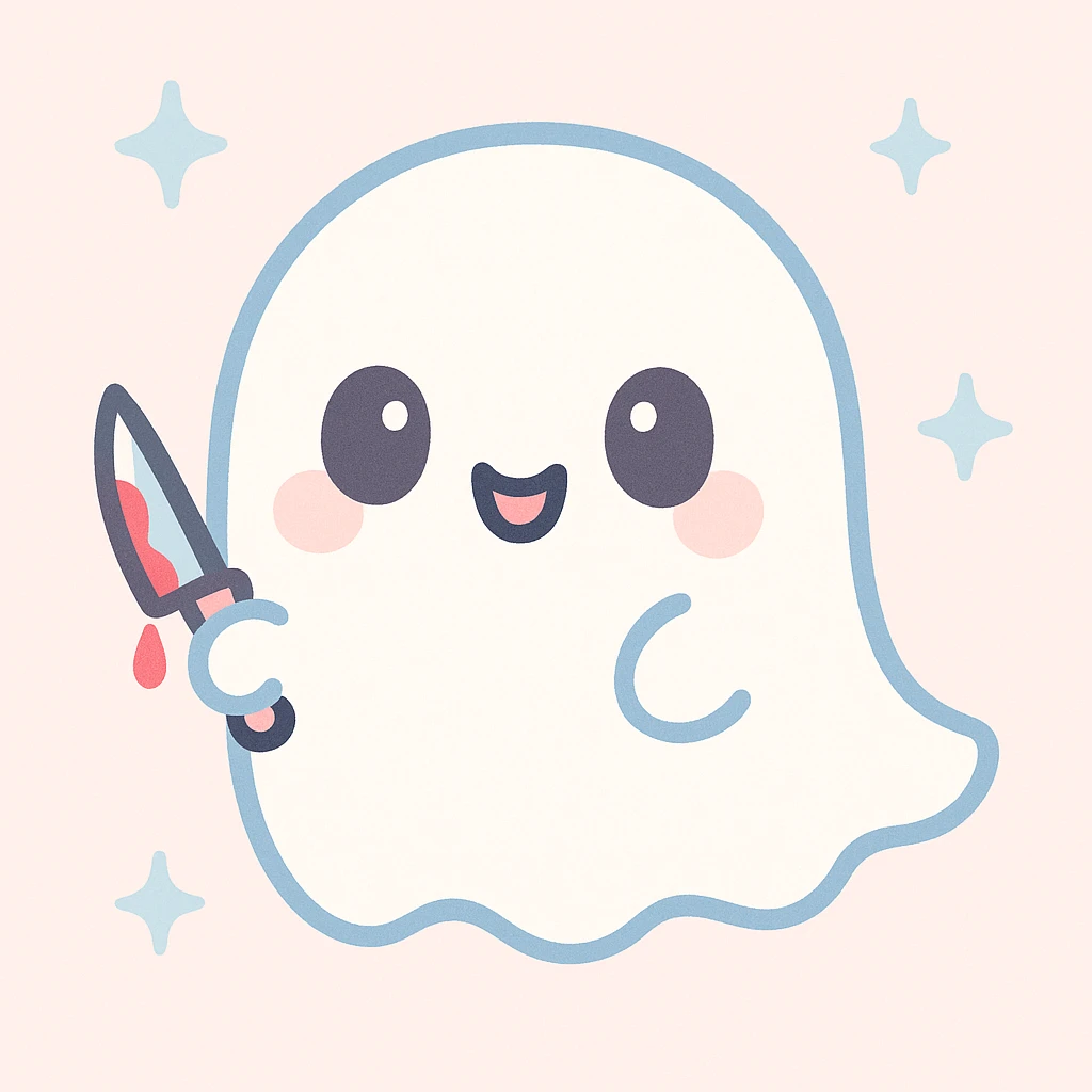 a kawaii ghost holding a tiny bloody knife, horror-cute expression emoji