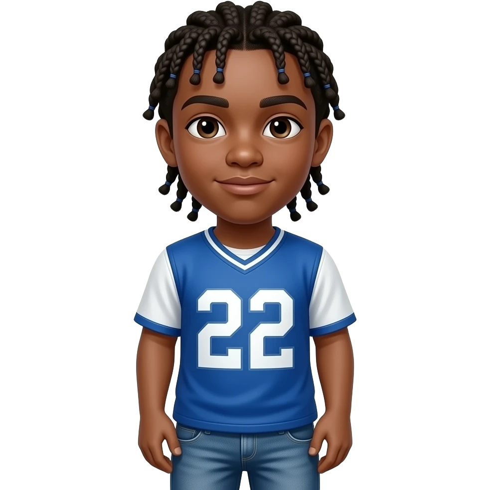 African American teenage boy with cornrow braids wearing a blue and white jersey shirt with 22 on it wearing jeans emoji