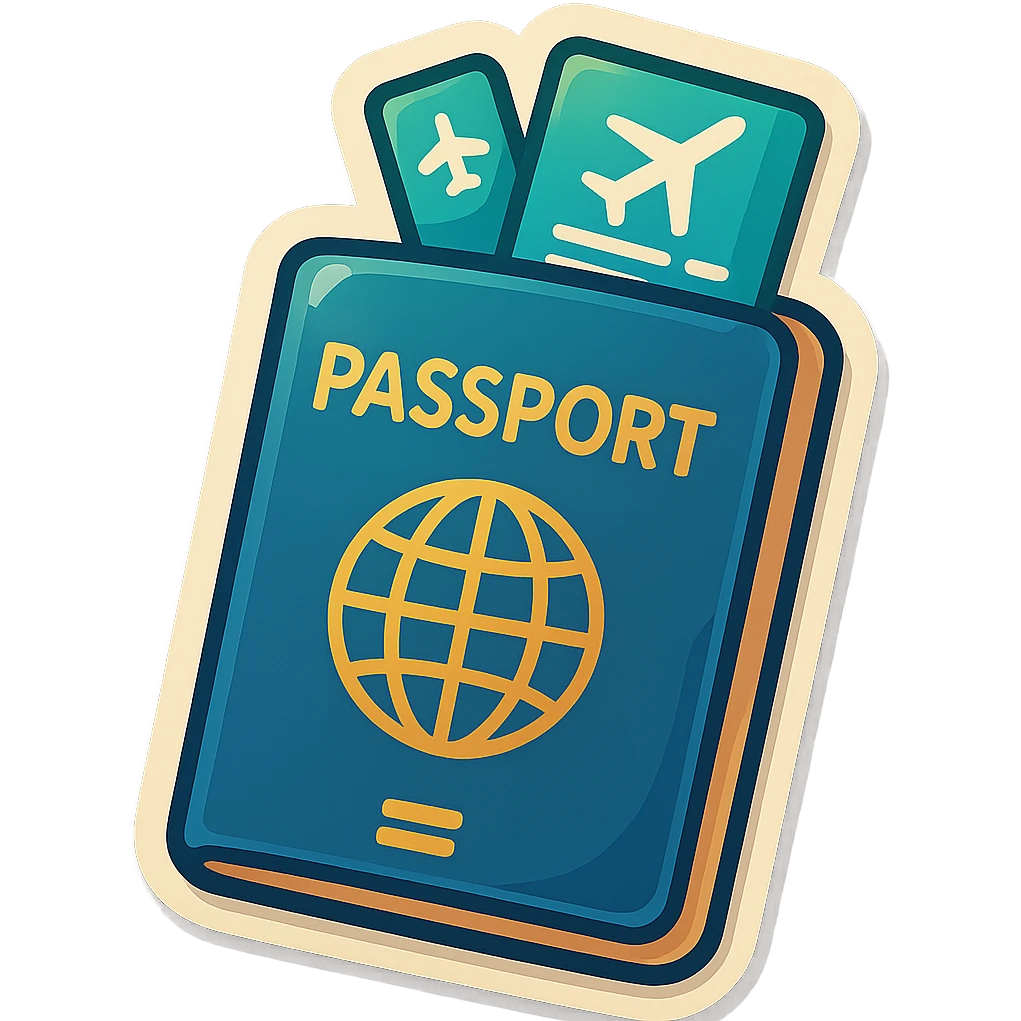 A juicy, vector-style illustration of a closed passport with a couple of airline tickets sticking out from the top. The style matches glossy lips: bold outlines, smooth rounded forms, expressive shadows and highlights, playful retro sticker vibe. emoji